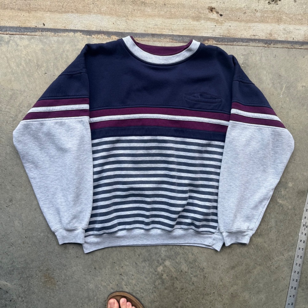 Vintage Ash Creek Trading Striped Colorblock Sweatshirt Navy Gray Burgundy M